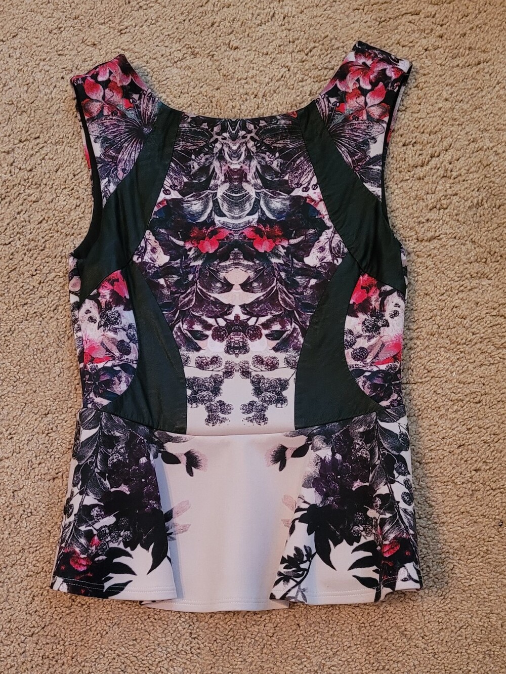 Bebe Floral Print Peplum Tank Top - Black, White & Pink